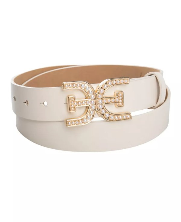 Women's Imitated Pearl Embellished Double-E Plaque Buckle Belt