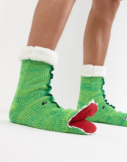 DESIGN Holidays slipper socks in dinosaur design with opening mouth & fluffy lining at.com