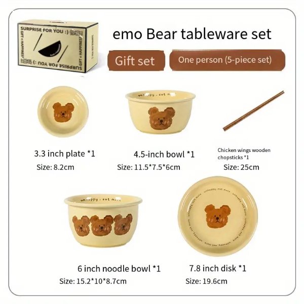 1pc/1set Cute Bear Ceramic Tableware Set, Household Ceramic Bowl Plate Set, Horn Bread Plate Saucer Soup Bowl
