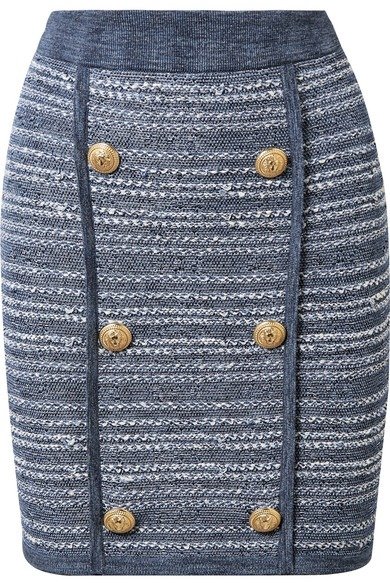 Jersey-trimmed tweed mini skirt