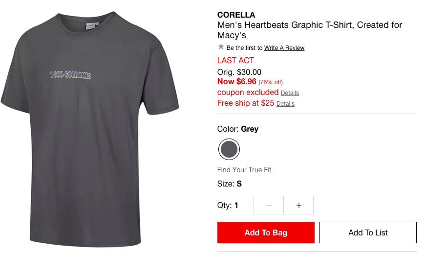 CORELLA Men's Heartbeats Graphic T-Shirt男士T恤衫