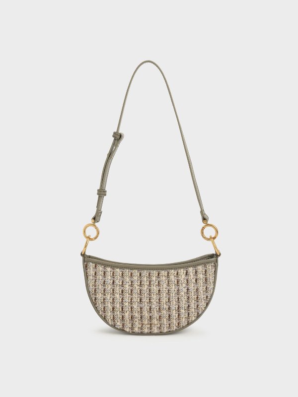 Taupe Tweed Crescent Crossbody Bag | CHARLES &amp; KEITH