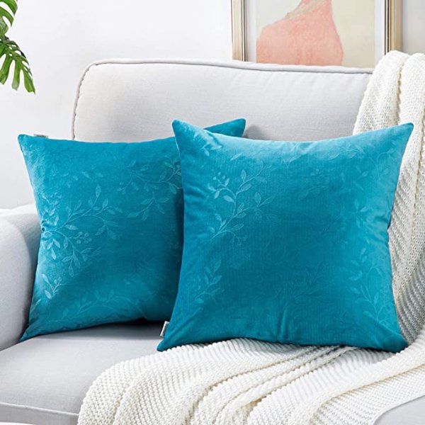 Topfinel Square Decorative Embossing Velvet Throw Pillow Covers for Couch Sofa Chair Embossed Branches and Leaves Texture Shape Cushion Cover 18 x 18 inches 45 x 45 cm, Set of 2, Teal