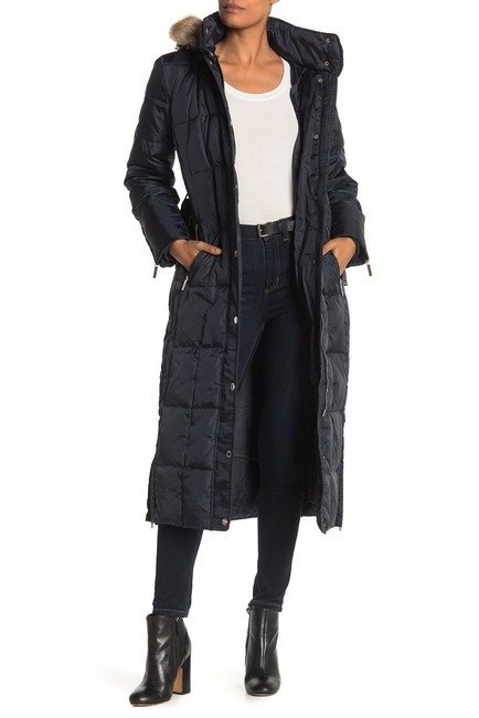 Long Box Quilted Faux Fur Trimmed Hooded Coat