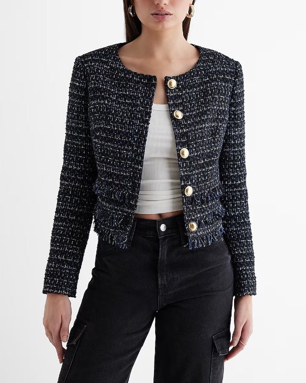 Tweed Fringe Novelty Button Jacket