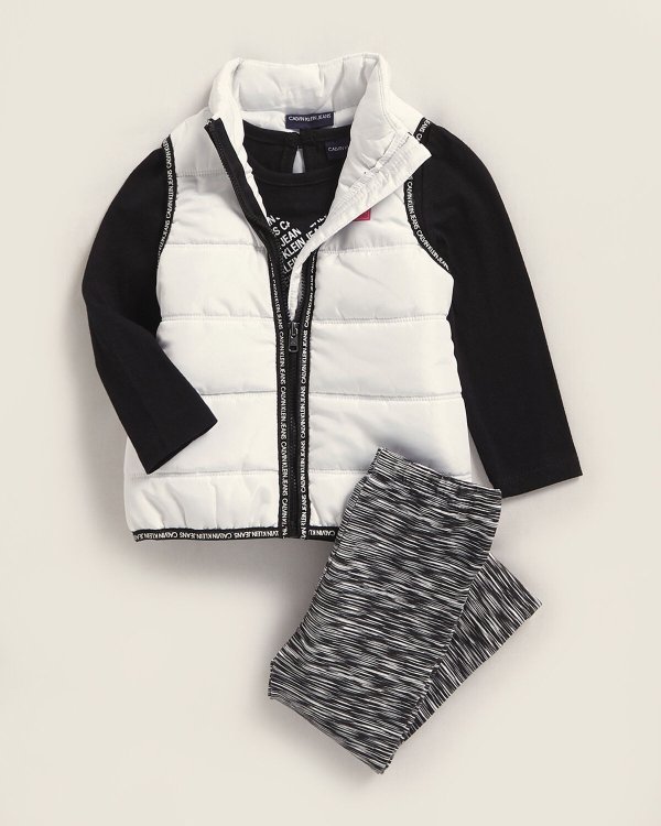 (Newborn/Infant Girls) 3-Piece Puffer Vest & Stripe Print Leggings Set