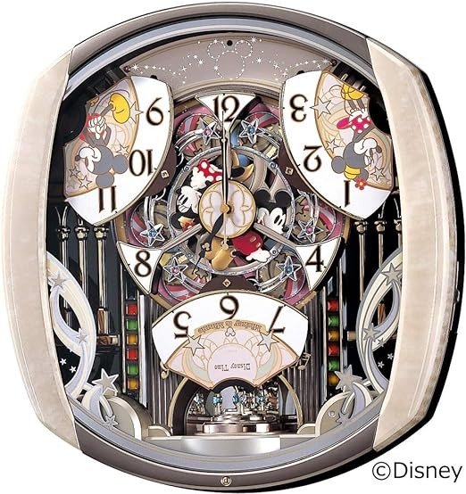Clock FW563A Wall Clock, Character, Disney, Mickey Mouse, Minnie Mouse, Radio, Analog, Karakuri, 6 Songs, Melody, Rotating Decoration, Mickey & Friends, Disney Time, Light Pink, Marble Pattern