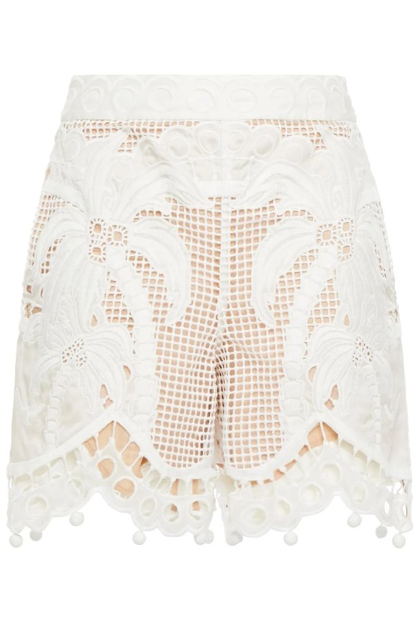 Brightside Palm broderie anglaise silk-organza and crochet shorts