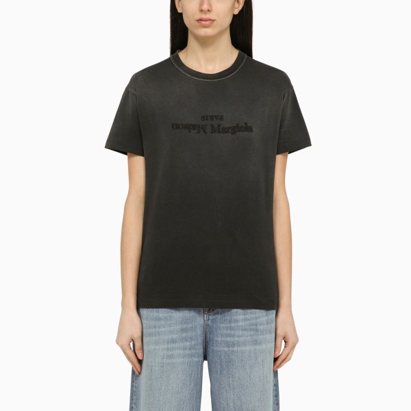 Black washed-out cotton T-shirt with reverse logo | TheDoubleF