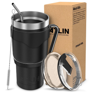 限今天：ATLIN 30 oz. 不锈钢 旅行咖啡杯+不锈钢吸管 黑色款