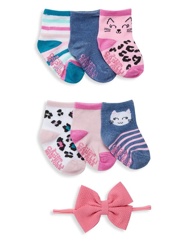 Baby Girl's 7-Piece Mixed Pattern Socks & Hair Bow Set