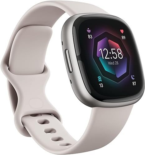 Sense 2 Advanced Health and Fitness Smartwatch with Tools to Manage Stress and Sleep, ECG App, SpO2, 24/7 Heart Rate and GPS, Lunar White/Platinum, One Size (S & L Bands Included)