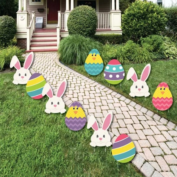 Hippity Hoppity - Easter Bunny & Egg Yard Decorations - Outdoor Easter Lawn Decorations - 10 Piece