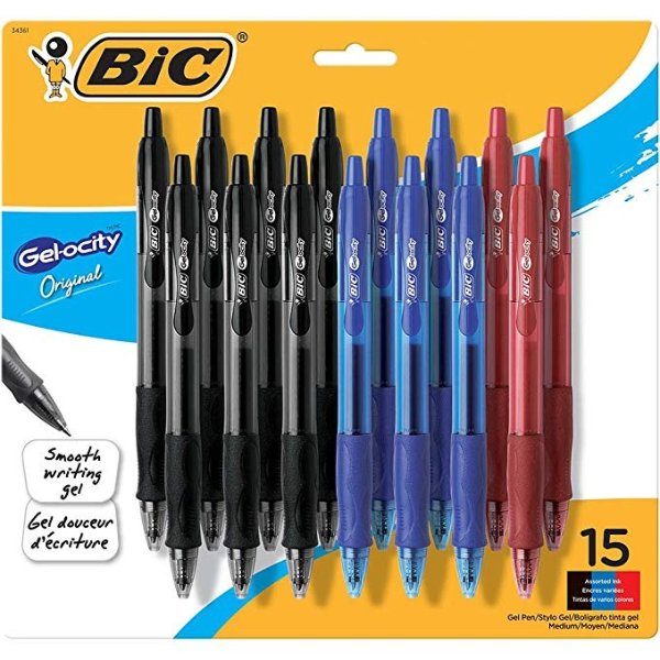 Gel-ocity Original Retractable Gel Pen, Medium Point (0.7 mm), Black, Blue, Red, 15-Count