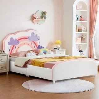Kids Upholstered Platform Bed Children Twin Size Wooden Bed