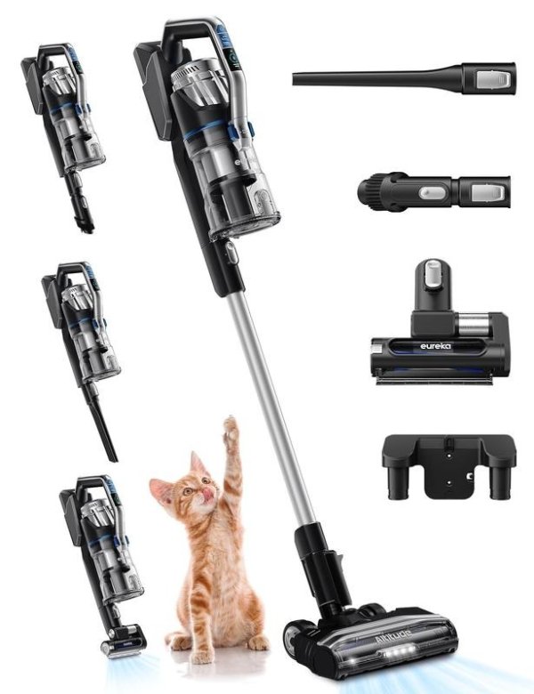 Eureka Cordless Vacuum Cleaner, Ideal for Pet Family, 5 in 1 Stick Vacuum for Home Pet Hair Carpet Hardfloor, 450W Powerful Suction, Air Filter System, LED Headlights, 60 Mins