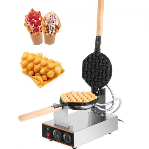 VEVOR Commercial Bubble Waffle Maker, 1400W Egg Bubble Puff Iron w/ 180° Rotatable 2 Pans & Wooden Handles, Stainless Steel Baker w/ Non-Stick Teflon Coating, 50-250℃/122-482℉ Adjustable | VEVOR US