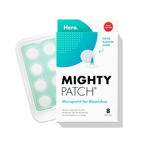 Mighty Patch Micropoint for Blemishes from Hero Cosmetics - Hydrocolloid Acne Spot Treatment Patch for Early Stage Zits and Hidden Pimples, 395 Proprietary Micropoints (8 Patches)