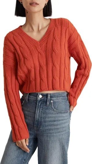 Cable Knit V-Neck Crop Sweater
