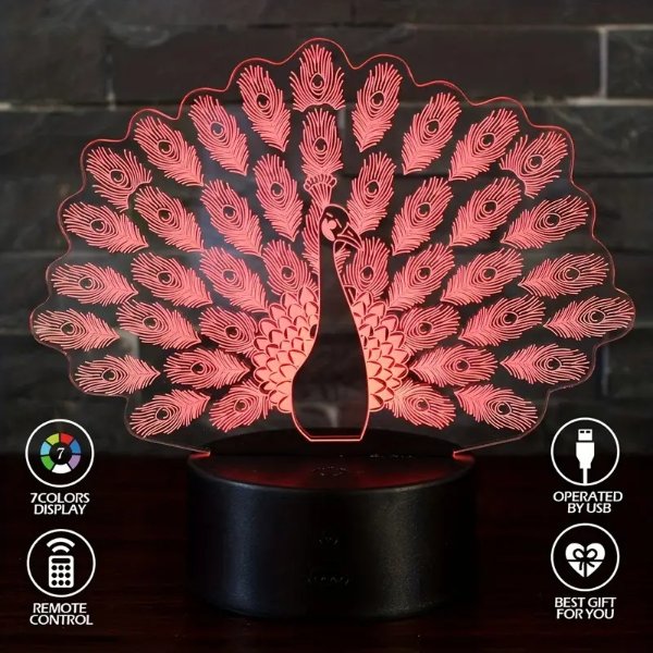 1pc 3D Peacock Table Lamp Night Light, 16 Colors Changing LED Remote Control Table Desk Lamp, Acrylic Flat ABS Base USB Home Decor, Birthday Xmas Gift