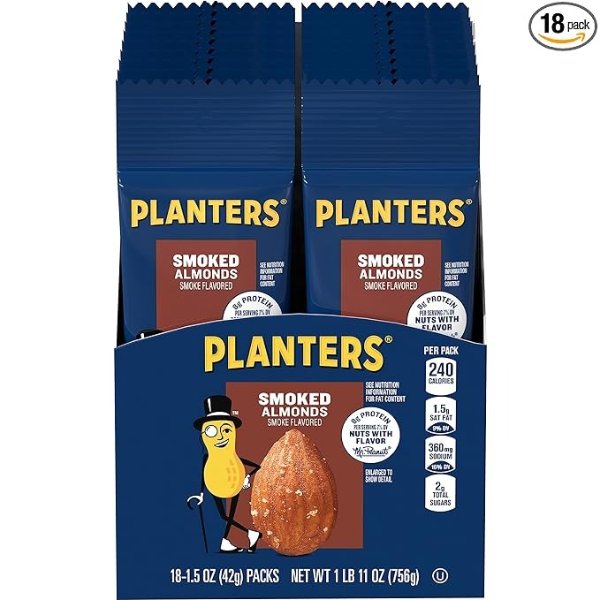 Planters Smoked & Salted Almonds Single Serve (1.5oz Bags, Pack of 18)