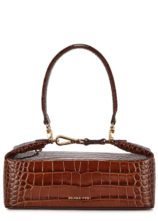 Olivia brown crocodile-effect top handle bag