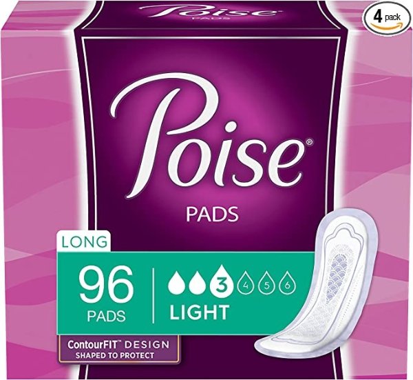 Incontinence Pads for Women, Light Absorbency, Long Length, 96 Count (4 Packs of 24) (Packaging May Vary)