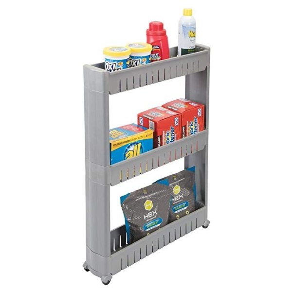 Portable Slim Plastic Rolling Laundry Utility Cart Organizer Trolley - Easy-Glide Wheels and 3 Heavy-Duty Shelves, for Laundry, Utility Room, Kitchen or Pantry Storage - Gray