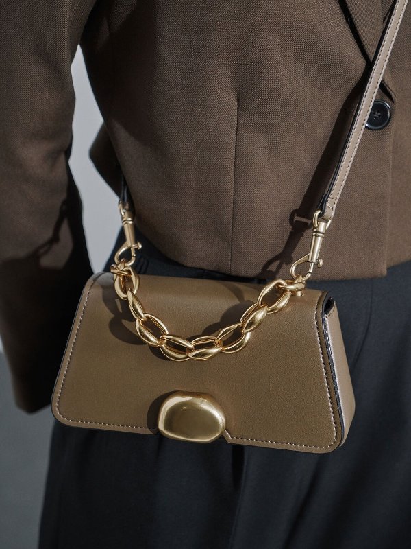 Khaki Metallic Chain Top Handle Bag