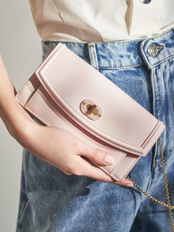 Pink Stone-Embellished Curved Long Wallet | CHARLES &amp; KEITH UK
