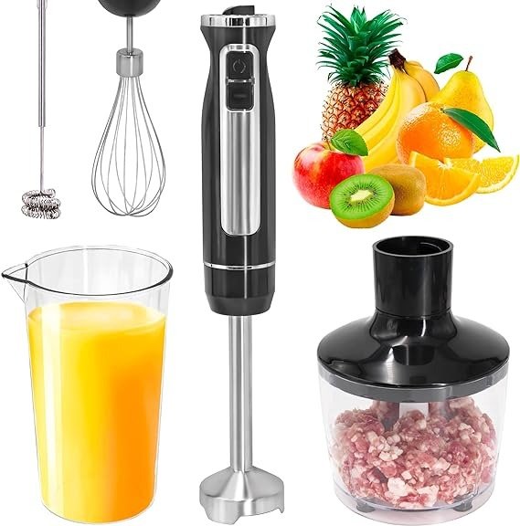 Powerlix 800W 5-in-1 Immersion Hand Blender - BPA Free 12 Speed Turbo Boost Titanium Reinforced Hand Held ABS Stainless Steel Stick, Electric Egg Whisk Milk Frother Chopper Blender with Bowl, Heavy Duty Food Processor for Baby Infant Food Shakes Smoothies Sauces Soups