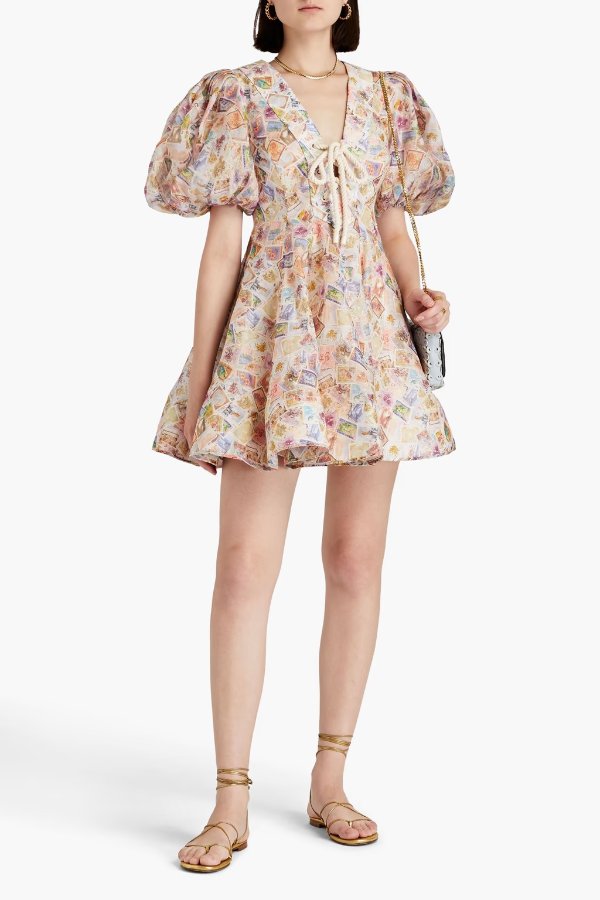 Flared printed linen and silk-blend mini dress