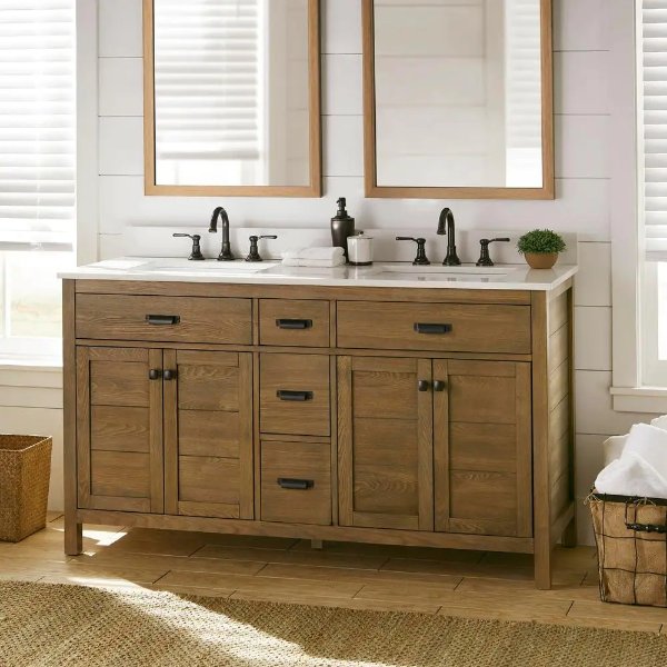 Stanhope 61 in. W x 22 in. D Vanity in Reclaimed Oak with Engineered Stone Vanity Top in Crystal White with White Sink