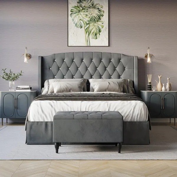 CraftPorch 2 Piece Bedroom Bench Set Velvet Wingback Upholstered Bed - Light Grey - Queen