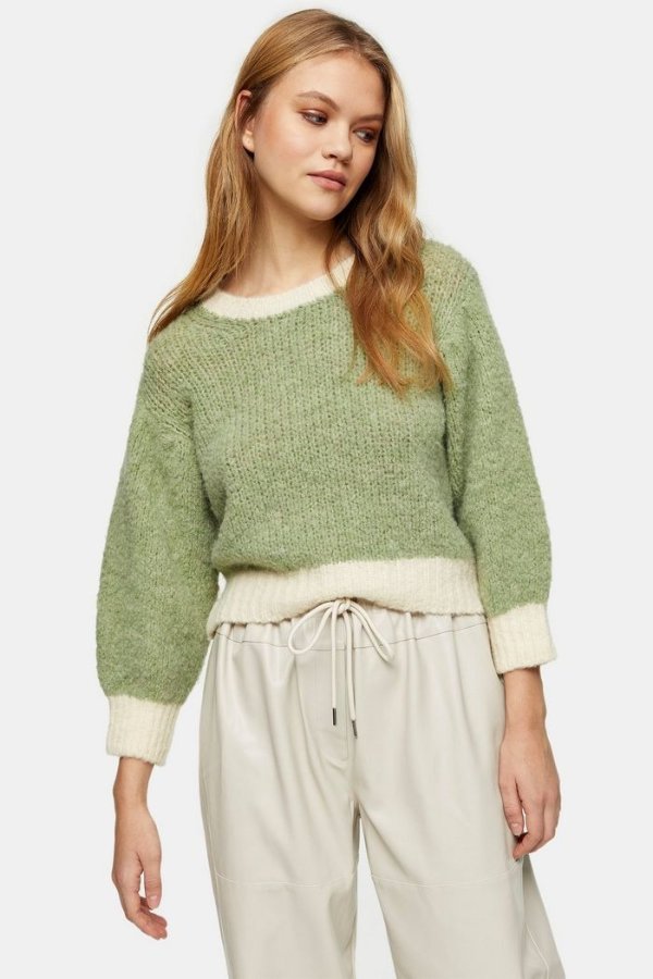 Mint Contrast Cropped Knitted Jumper