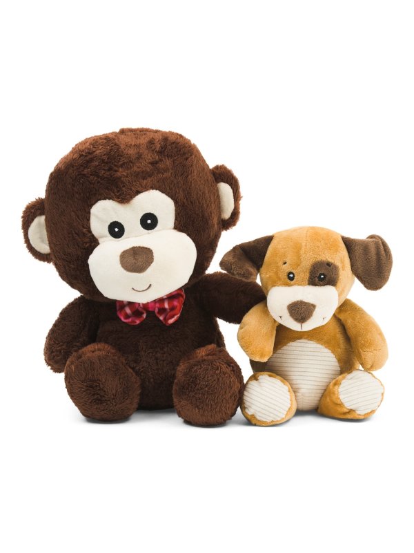 Set Of 2 Corduroy Dog And Monkey Squeaker Toys
