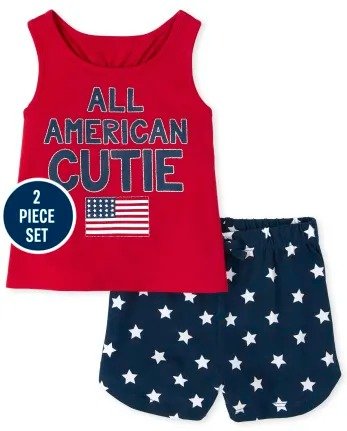 Toddler Girls Americana Sleeveless 'All American Cutie' Tank Top And Star Print Knit Shorts 2-Piece Set | The Children's Place - RUBY