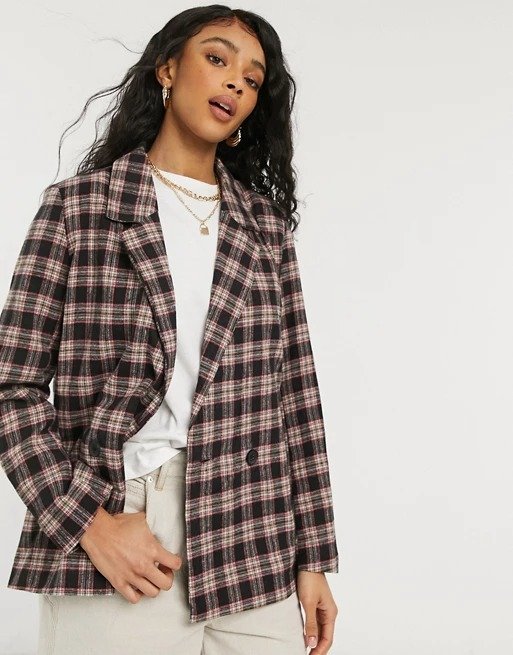 double breasted blazer in brown and red plaid set 
