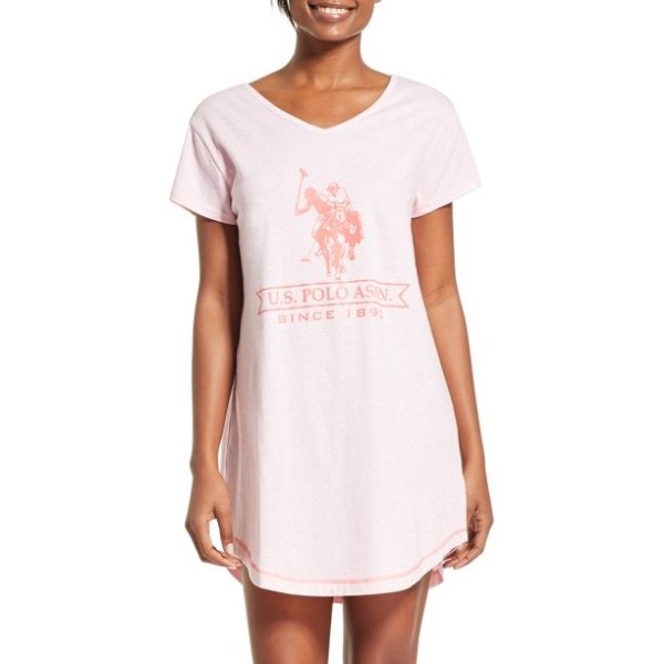 Women's Short Sleeve Pajama Night Shirt Dress with V-neck USPA Logo and open back