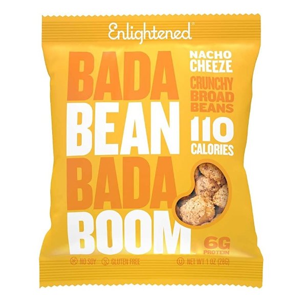 Enlightened Bada Bean Bada Boom - Plant-Based Protein, Gluten Free, Vegan, Crunchy Roasted Broad (Fava) Bean Snacks, 100 Calories per Serving, Nacho, 1 oz, 24 Pack