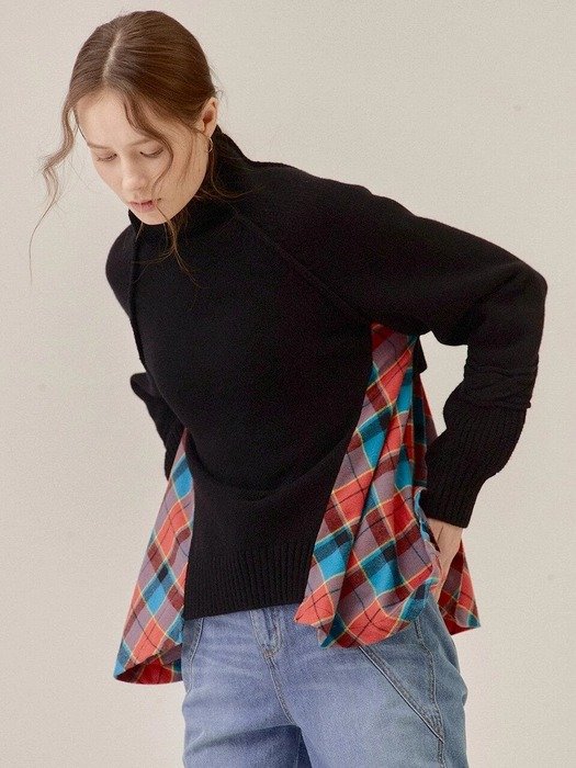 CHECKED COMBINATION MOCK NECK KNIT TOP_Black