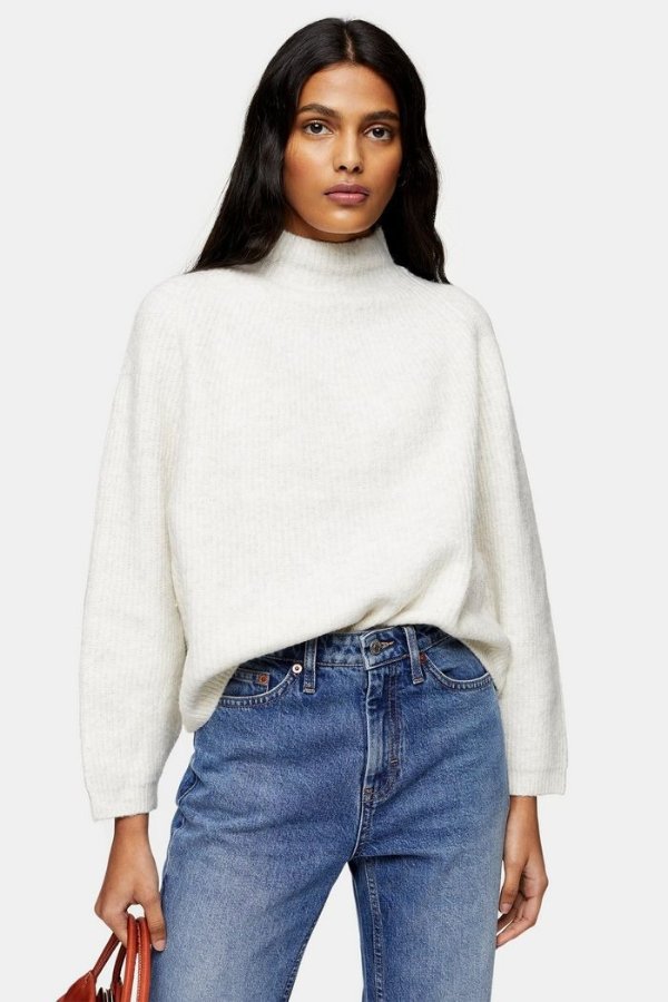 Ivory Funnel Neck Knitted Sweater
