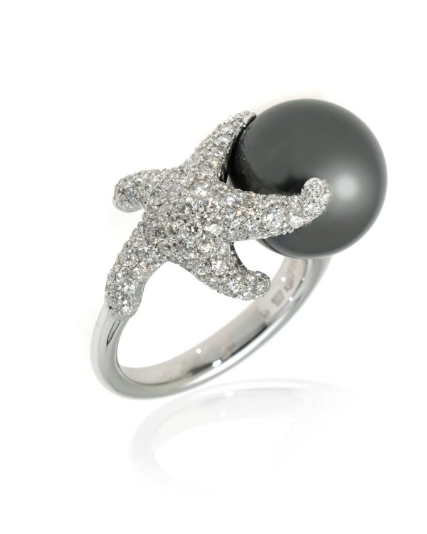 18k White Gold Diamond 0.84ct & Black South Sea Pearl Cocktail Ring Sz7