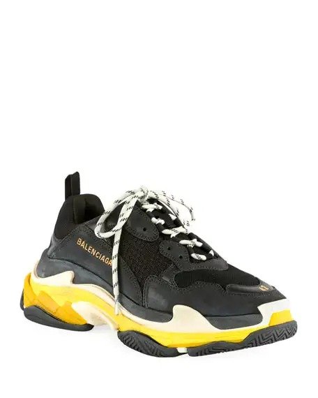 Men's Triple S Mesh & Leather Sneakers, Black/Yellow