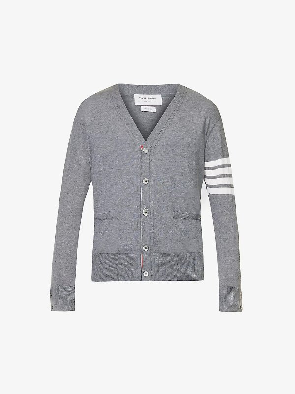 Four-bar V-neck wool-knitted cardigan