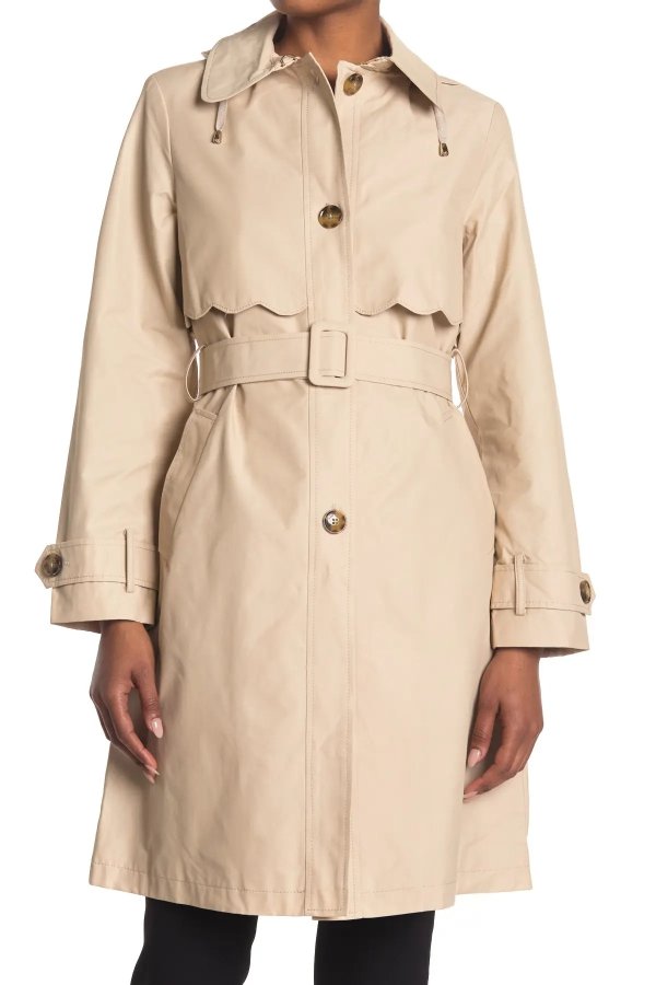 scalloped belted hood trench coat