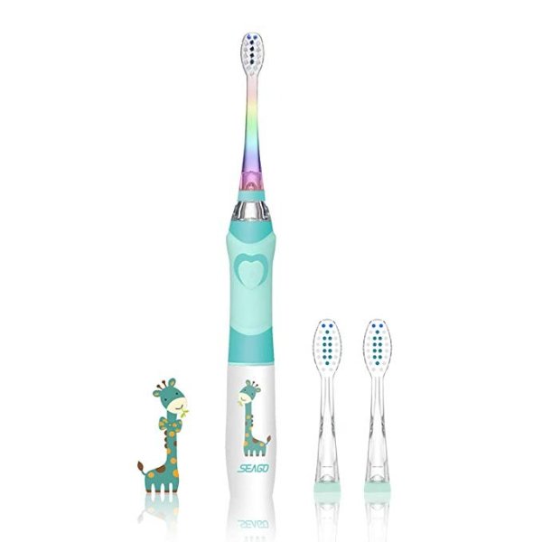 Kids Electric Toothbrush Sonic Toothbrush, Soft Battery Powered Tooth Brush with Smart Timer,Waterproof Replaceable Deep Clean For kids(Age of 3+)，Travel Toothbrush by SEAGO SG977(Green)