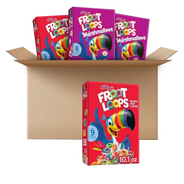 Froot Loops Kids Breakfast Cereal, Variety Pack, Froot Loops (2 Boxes) and Froot Loops with Marshmallows (2 Boxes)