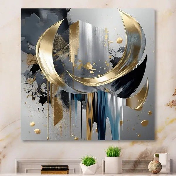 Designart "Abstract Shapes And Lines I" Abstract Marble Metal Wall Art - 16 in. wide x 16 in. high