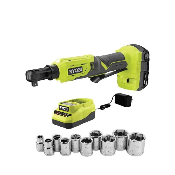 ONE+ 18V Cordless 3/8 in. 4-Position Ratchet Ratchet Kit and 10-Piece SAE Socket Set with 2.0 Ah Battery and Charger